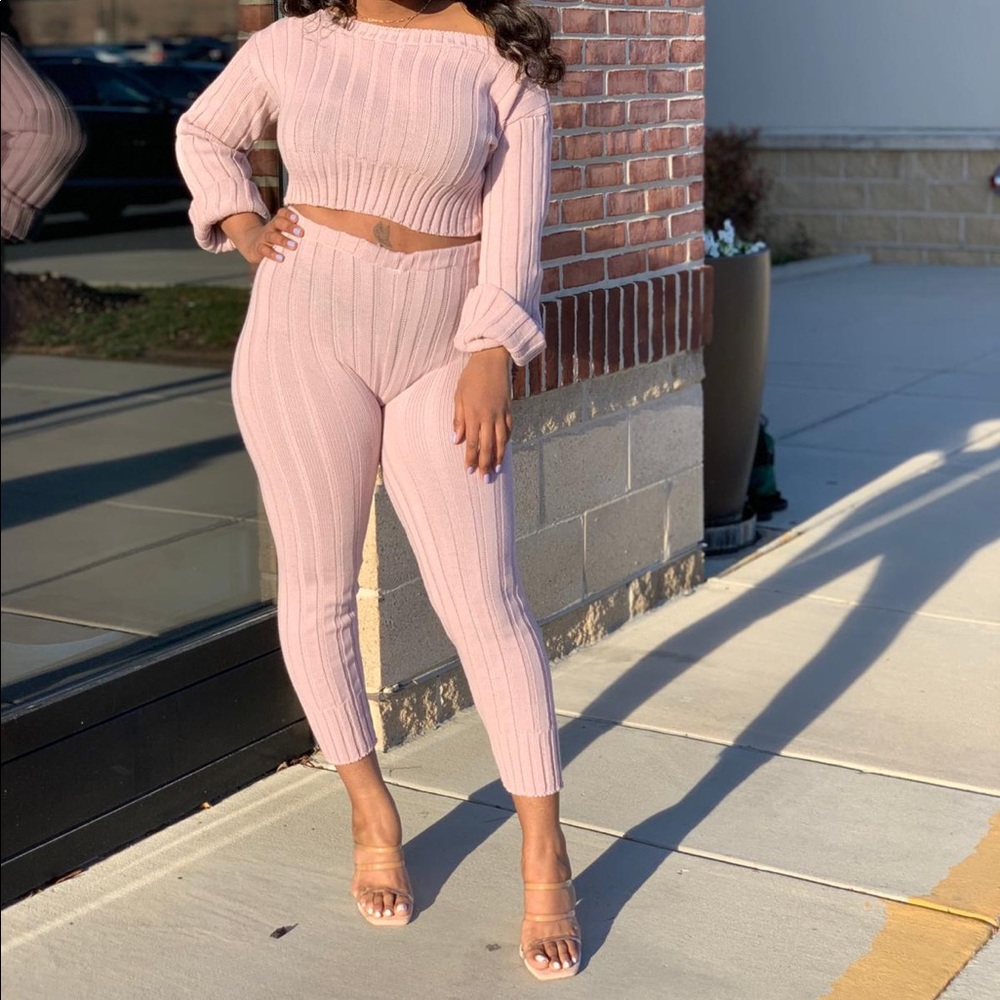 Rose Pink Ribbed Crop Top Lounge Set